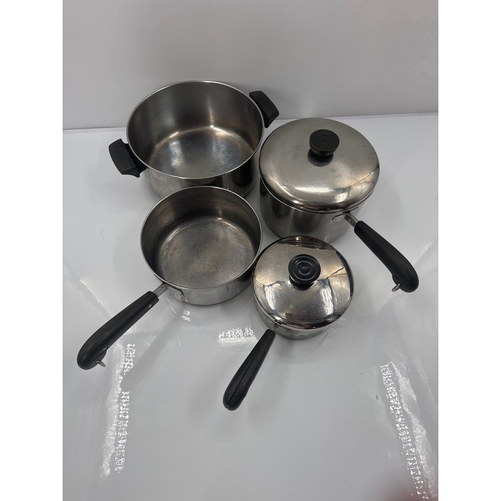 Vintage Revere Ware 6 Piece Copper Bottom Pot Pan Set Stainless Steel Bakelite